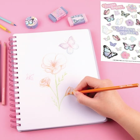 Three Cheers for Girls: Butterfly All-In-1 Sketching Arts & Craft Kit - Includes 6 Colored Pencils, 2 Erasers, Sharpener & Sticker Sheet, Tweens & Girls Ages 6+