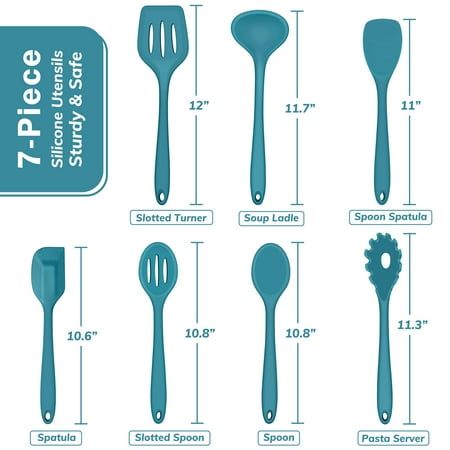 Walchoice 7-Piece Silicone Cooking Utensils Set, Blue Kitchen Utensils, Non-stick Gadgets Tools Include Slotted Turner, Soup Ladle, Pasta Server, Blue