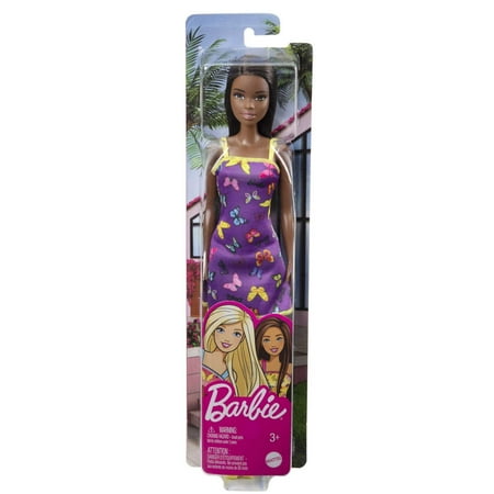 Barbie Fashion Doll with Black Hair Dressed in Colorful Butterfly Print Dress & Strappy Heels, 11 in