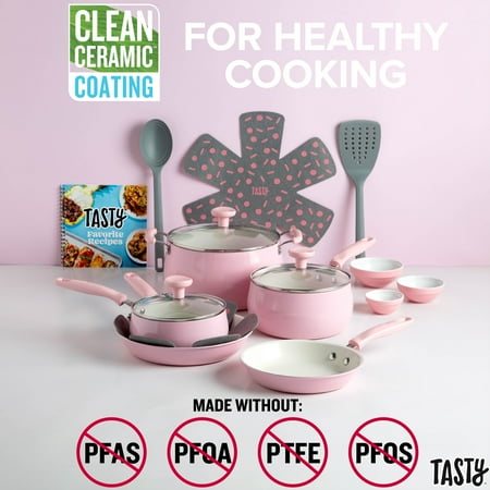 Tasty Clean Ceramic 16 Piece Non-Stick Aluminum Cookware Set, Pink