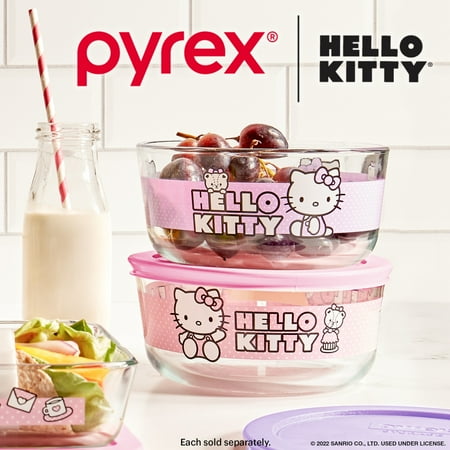Pyrex Hello Kitty 4-Cup Round Glass Storage Container with Pink Airtight Lid, 2-Piece