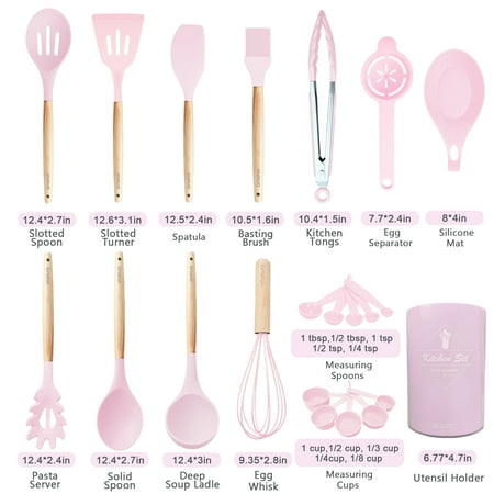 VIVAYO Kitchen Utensils Set, 32 Pcs Non-Stick Silicone Cooking Utensil Spatula Set with Holder, Wooden Handle Heat Resistance Silicon Kitchen Set with Ladle Whisk, Tongs, Measuring Cups, Spoons, Pink