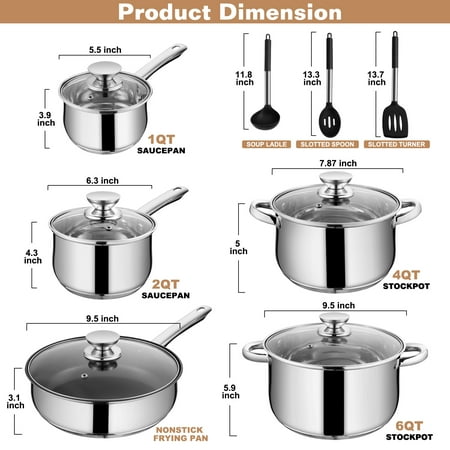 Walchoice 13-Piece Stainless Steel Cookware Set, Kitchen Pots and Pans Set with Glass Lid for Cooking, Induction & Dishwasher Safe, Silver