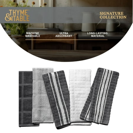 Thyme & Table Kitchen Towels, Gray & White, 5 Pack Set