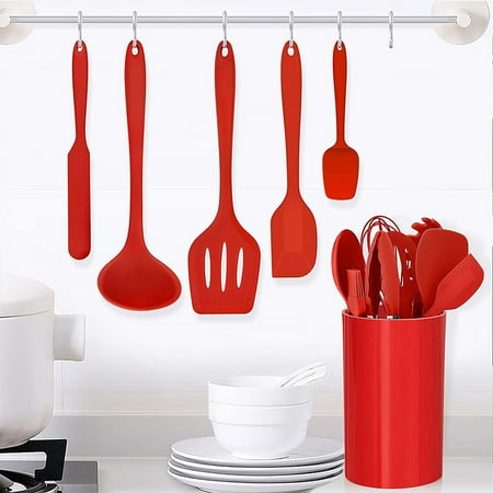 Walchoice 14 Pcs Cooking Utensils Set with Holder, Heat Resistant Silicone Kitchen Cookware Utensils Set, Kitchen Cooking Tools Includes Spatula Spoon Turner Whisk Tong, Dishwasher safe, Red, Red