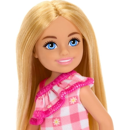 Barbie Chelsea Doll, Small Doll Wearing Removable Checked Dress with Blonde Hair & Blue Eyes