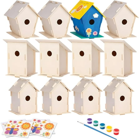 12 Wooden Birdhouse Crafts for Kids - DIY Unfinished Wood Birdhouse Kits with Paint Strips, Paintbrushes & Stickers - Bulk Arts and Crafts Set