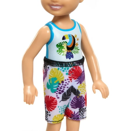 Barbie Chelsea Small Doll with Beach Swimsuit, Toucan & Tropical Leaf Print, Black Hair & Brown Eyes