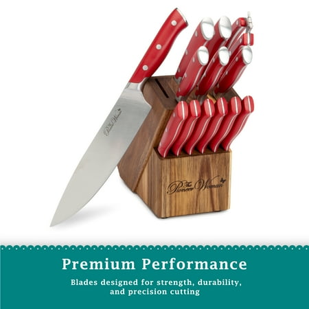 The Pioneer Woman Pioneer Signature 14-Piece Stainless Steel Knife Block Set, Red, Red