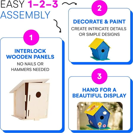 12 Wooden Birdhouse Crafts for Kids - DIY Unfinished Wood Birdhouse Kits with Paint Strips, Paintbrushes & Stickers - Bulk Arts and Crafts Set