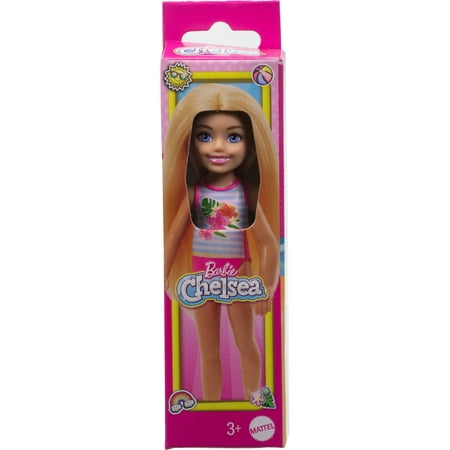 Barbie Chelsea Small Doll with Beach Swimsuit, Stripes & Floral Print, Blonde Hair & Blue Eyes