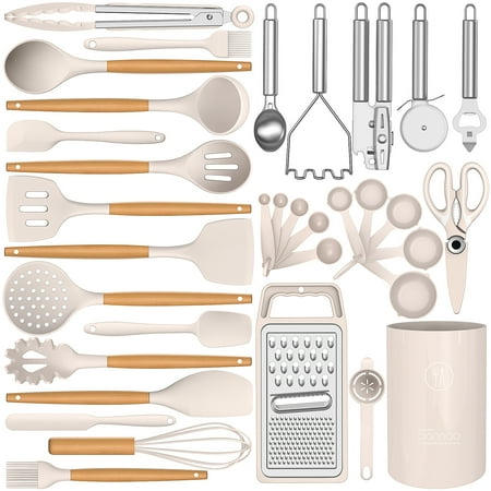 35 Silicone Cooking Utensils Set - 446?F Heat Resistant Silicone Kitchen Utensils for Cooking, Kitchen Utensil Spatula Set w Wooden Handles and Holder, BPA FREE Gadgets for Non-Stick Cookware (Khaki), Beige