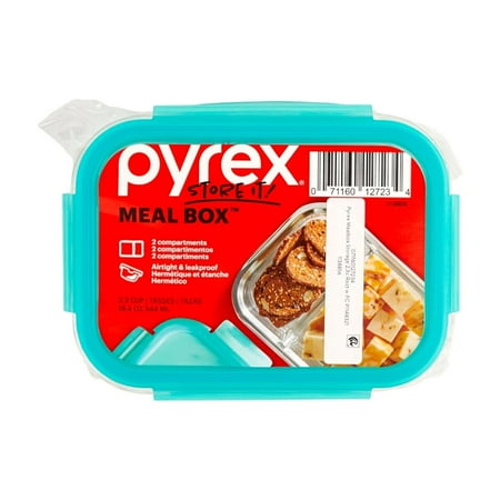 Pyrex MealBox 2.3-cup Divided Glass Food Storage Container with Blue Lid, 2.1 cup