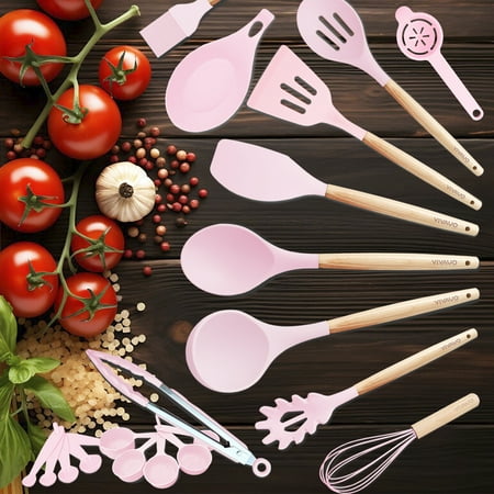 VIVAYO Kitchen Utensils Set, 32 Pcs Non-Stick Silicone Cooking Utensil Spatula Set with Holder, Wooden Handle Heat Resistance Silicon Kitchen Set with Ladle Whisk, Tongs, Measuring Cups, Spoons, Pink