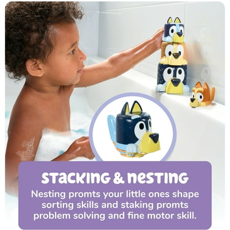 Toomies Bluey's Family Pourers - Including Chilli, Bandit, Bingo, and Bluey - Nesting and Stacking Cups for Bath Time - 4 Count - Ages 18 Months and up