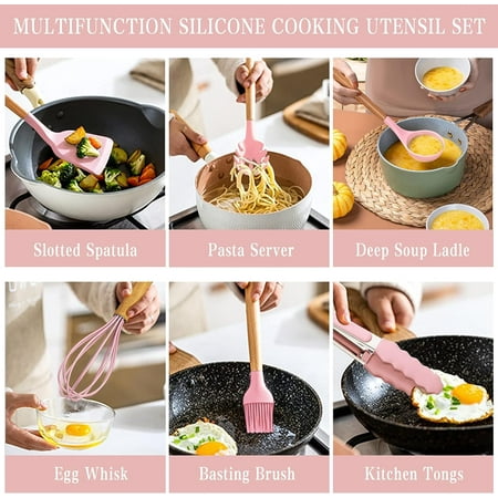 VIVAYO Kitchen Utensils Set, 32 Pcs Non-Stick Silicone Cooking Utensil Spatula Set with Holder, Wooden Handle Heat Resistance Silicon Kitchen Set with Ladle Whisk, Tongs, Measuring Cups, Spoons, Pink