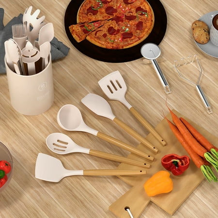 35 Silicone Cooking Utensils Set - 446?F Heat Resistant Silicone Kitchen Utensils for Cooking, Kitchen Utensil Spatula Set w Wooden Handles and Holder, BPA FREE Gadgets for Non-Stick Cookware (Khaki), Beige