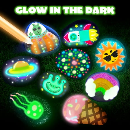 12 Rock Painting Kit, 43 Pcs Arts and Crafts for Kids Ages 5-7, Art Supplies with 18 Paints (Glow in The Dark & Metallic & Standard), Craft Paint Kits for Boys and Girls Ages 8-11, Old