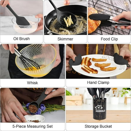 18PCS Silicone Cooking Utensils Set - 446?F Heat Resistant Kitchen Utensils,Turner Tongs,Spatula,Spoon,Brush,Whisk,Kitchen Utensil Gadgets Tools Set for Nonstick Cookware,Dishwasher Safe - Black, Black