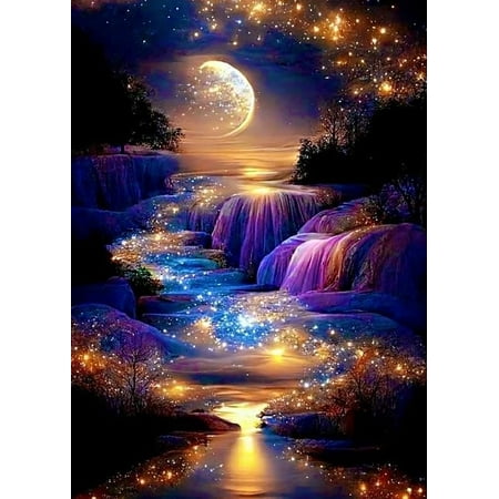 5D Diamond Painting Kits for Adults Beginners, Moonlight Waterfall Diamond Art Kits, DIY Full Round Drill Night Moon Landscape Paint with Diamonds Gem Art, Home Wall Decor 12 x 16 InchOther,