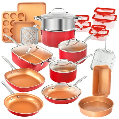 Gotham Steel Nonstick Pots and Pans 32 Piece Kitchen Ceramic Cookware Set Bakeware and Storage Set Skillet Saucepans RedRed,