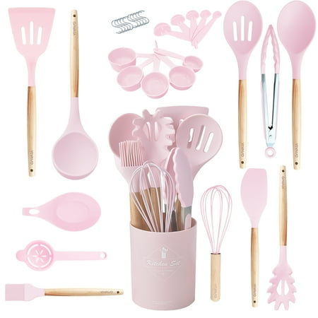 VIVAYO Kitchen Utensils Set, 32 Pcs Non-Stick Silicone Cooking Utensil Spatula Set with Holder, Wooden Handle Heat Resistance Silicon Kitchen Set with Ladle Whisk, Tongs, Measuring Cups, Spoons, Pink