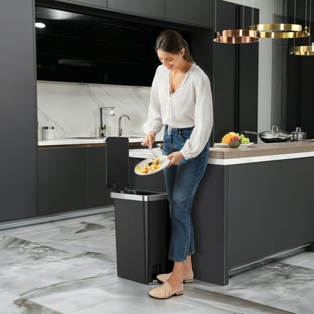 Better Homes & Gardens 10.5 Gallon Kitchen Step Trash Can, Plastic Slim Step-On Kitchen Trash Can, Black, Black