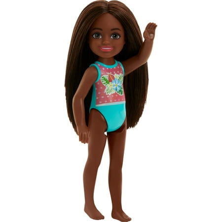 Barbie Chelsea Small Doll with Beach Swimsuit, Polka Dot & Floral Print, Brown Hair & Brown Eyes
