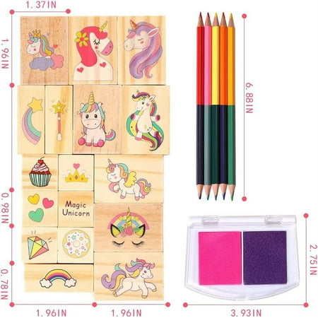 PinkSheep Unicorn Wooden Stamp Set, Arts Crafts Kit Set with 17 Stampers, 2 Ink pads, 5 Colored Pencils, 31 Stickers