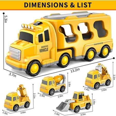 PayUSD Construction Toddler Truck Toys for 3 4 5 6 Year Old Boys 5-in-1 Friction Power Vehicle Car Toy for Toddlers 1-3 Carrier Truck Toys for Kids 3-5 Christmas Birthday Gifts for Girls Age 3-9