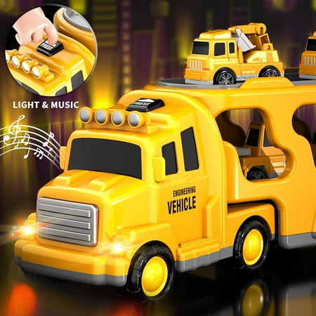 PayUSD Construction Toddler Truck Toys for 3 4 5 6 Year Old Boys 5-in-1 Friction Power Vehicle Car Toy for Toddlers 1-3 Carrier Truck Toys for Kids 3-5 Christmas Birthday Gifts for Girls Age 3-9