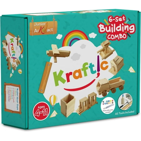 Kraftic Woodworking Building Kit for Kids and Adults, with 6 Educational Arts and Crafts DIY Carpentry Construction Wood Model Kit Toy Projects for Boys and Girls