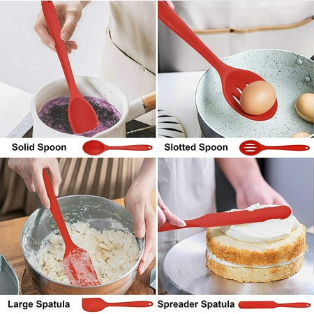 Walchoice 14 Pcs Cooking Utensils Set with Holder, Heat Resistant Silicone Kitchen Cookware Utensils Set, Kitchen Cooking Tools Includes Spatula Spoon Turner Whisk Tong, Dishwasher safe, Red, Red