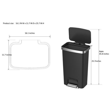 Better Homes & Gardens 11.9 Gallon Kitchen Trash Can, Plastic Step-On Kitchen Trash Can, Black, Black
