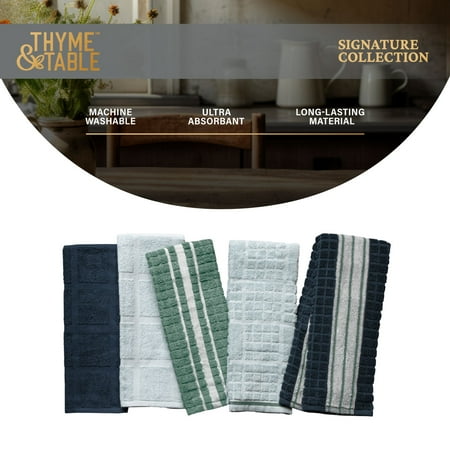Thyme & Table Kitchen Towels, Navy, Green, & White, 5 Pack Set