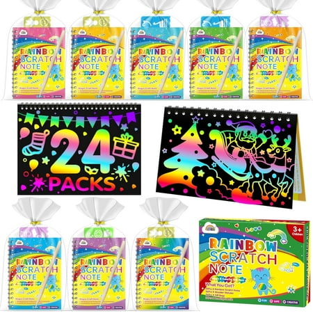 ZMLM Rainbow Scratch Party Favors Kids: Birthday Gifts Toy Bulk Scratch Art Notebook 24 Pack Birthday Goodie Bags Stuffers Girls Boys Art Craft Kit Pads Easter Classroom Prizes School