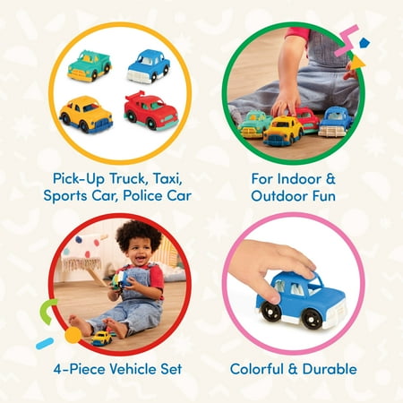 Battat Mini Riders 4-Pack Pick-Up Truck Sports Car Taxi Police Car, Baby and Toddler Toys