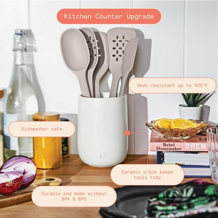 Beautiful 6-Piece Silicone Tool Set with Ceramic Crock, Porcini Taupe by Drew Barrymore