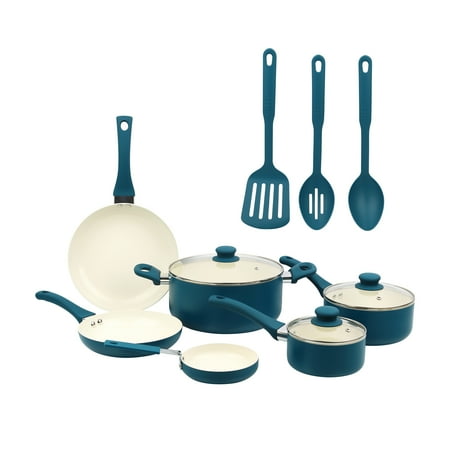 Mainstays 12 Piece Ceramic Nonstick Aluminum Pots and Pans Cookware Set, Blue, Blue