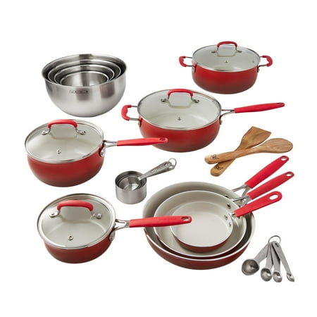 The Pioneer Woman Ceramic Classic 25 Piece Nonstick Aluminum Cookware Set, Silicone and Stainless Steel, Red