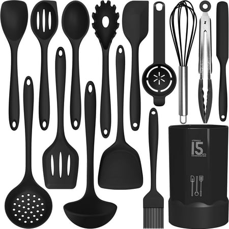 Black Silicone Cooking Utensils Set - 446?F Heat Resistant Kitchen Utensils,Turner Tongs,Spatula,Spoon,Brush,Whisk,Kitchen Utensil Gadgets Tools Set for Nonstick Cookware,Dishwasher Safe (BPA Free)