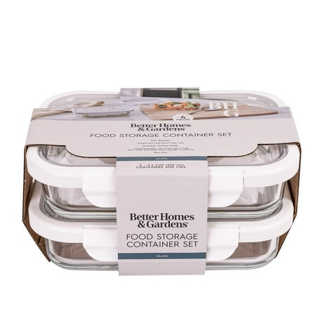 (4 pack) Better Homes & Gardens 2.3Cup Rectangle Glass Food Storage Container with Tritan Lid. Set of 2, 4 Pieces
