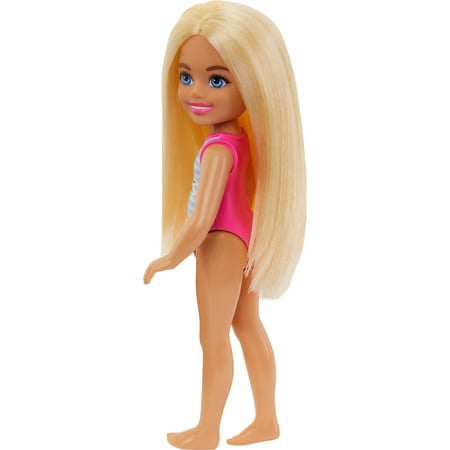 Barbie Chelsea Small Doll with Beach Swimsuit, Stripes & Floral Print, Blonde Hair & Blue Eyes