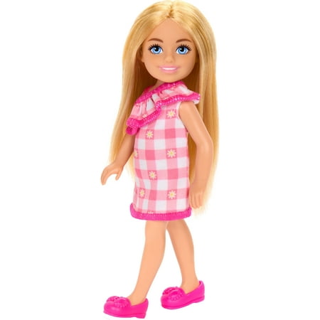 Barbie Chelsea Doll, Small Doll Wearing Removable Checked Dress with Blonde Hair & Blue Eyes