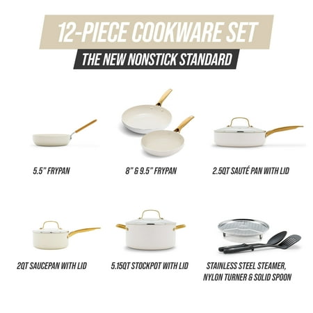 Blue Diamond White 12 Piece Nonstick Aluminum Pot and Pan Cookware Set, Gold