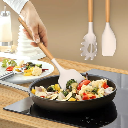 35 Silicone Cooking Utensils Set - 446?F Heat Resistant Silicone Kitchen Utensils for Cooking, Kitchen Utensil Spatula Set w Wooden Handles and Holder, BPA FREE Gadgets for Non-Stick Cookware (Khaki), Beige