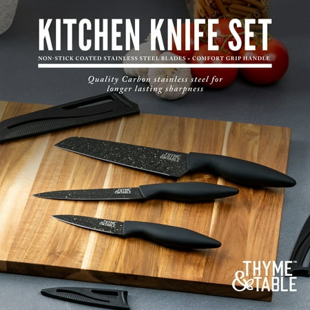 Thyme & Table Non-Stick Coated High Carbon Stainless Steel Speckled Kitchen Knives, 3 Piece Set, Black