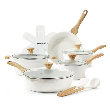 SENSARTE Ceramic Nonstick Pots and Pans Set, 17 Pieces Healthy Non Stick Cookware Set with Pots Protectors, Induction Kitchen Cookware Sets White, PFAS and PFOA Free, White