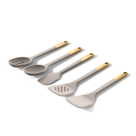 Beautiful 6-Piece Silicone Tool Set with Ceramic Crock, Porcini Taupe by Drew Barrymore
