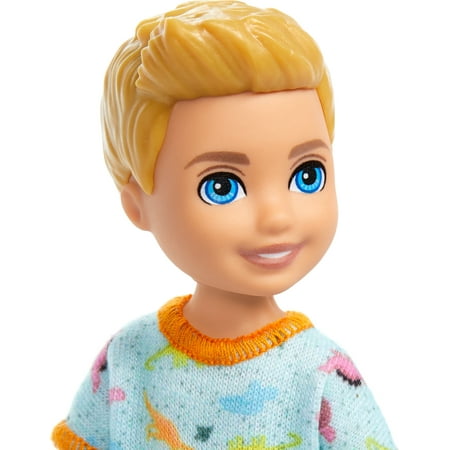 Barbie Chelsea Doll, Small Boy Doll Wearing Removable One-Piece with Dino Print, Blond Hair & Blue Eyes